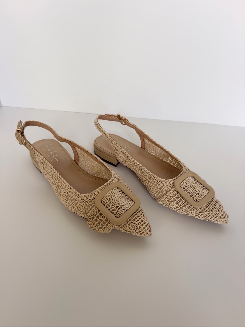 Nicole Miller Women's Beige Pointed Slingback Flats with Buckle Detail